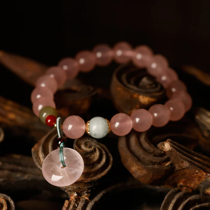 Rose Quartz Lucky Donut Charm Bracelet – Calming Energy & Good Fortune
