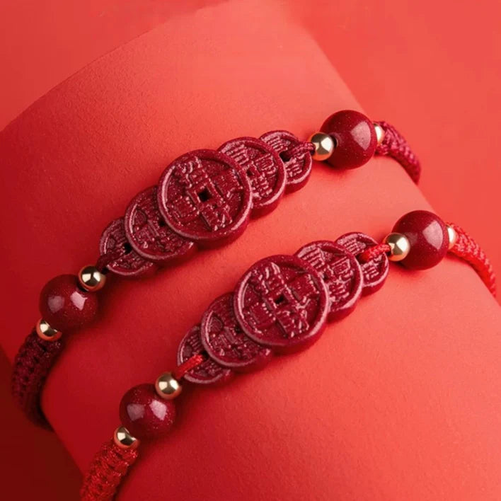 Cinnabar Five-Emperors Coin Red String Bracelet – Macramé (2 Colors)