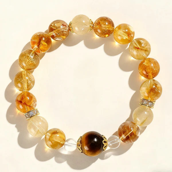 Golden Rutilated Quartz & Tiger’s Eye Bracelet with Crystal Accents – Wealth & Clarity