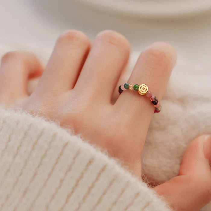 Natural Tourmaline Bead Ring with Coin Accent – Women’s Prosperity Talisman