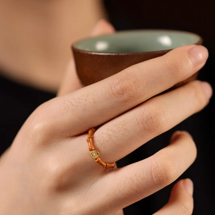 Olive Wood Bamboo-Style Bead Ring with Golden Accent – Women’s Natural Talisman