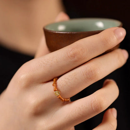 Olive Wood Bamboo-Style Bead Ring with Golden Accent – Women’s Natural Talisman