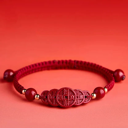 Cinnabar Five-Emperors Coin Red String Bracelet – Macramé (2 Colors)
