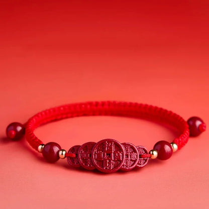 Cinnabar Five-Emperors Coin Red String Bracelet – Macramé (2 Colors)