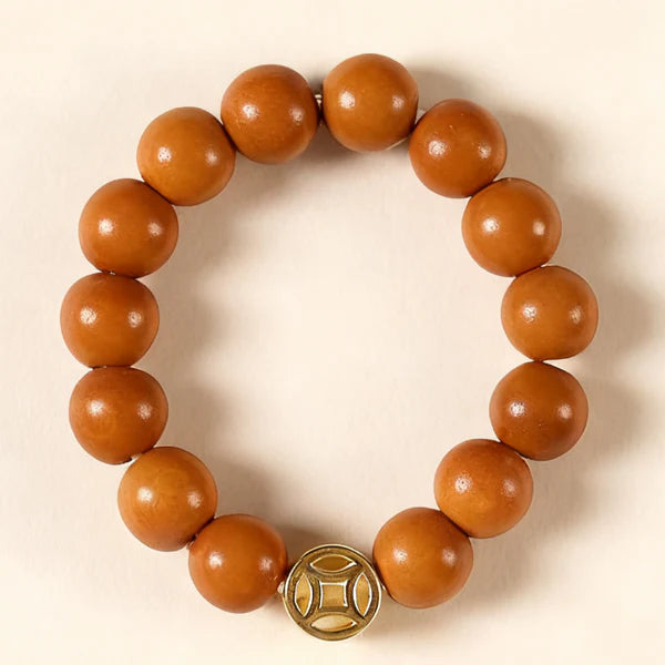 Olive Wood Bead Ring with Coin-Inspired Accent – Women’s Prosperity Talisman