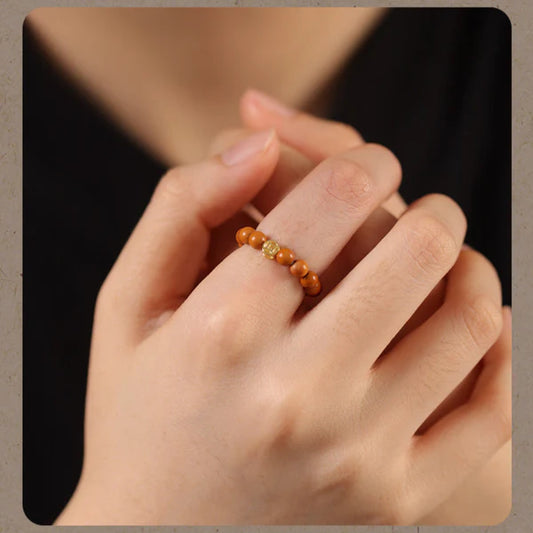Olive Wood Bead Ring with Golden Accent – Women’s Natural Talisman