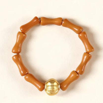 Olive Wood Bamboo-Style Bead Ring with Golden Accent – Women’s Natural Talisman