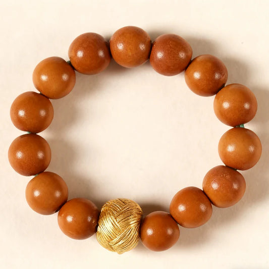 Olive Wood Bead Ring with Textured Golden Accent – Women’s Natural Elegance