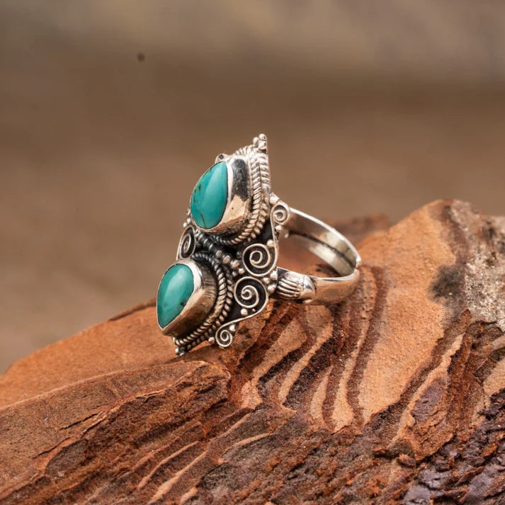 Twin Turquoise 925 Sterling Silver Ring – Protection & Calm